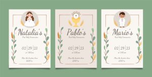 Zaproszenia na komunię dla chłopca i dziewczynki w pastelowych kolorach