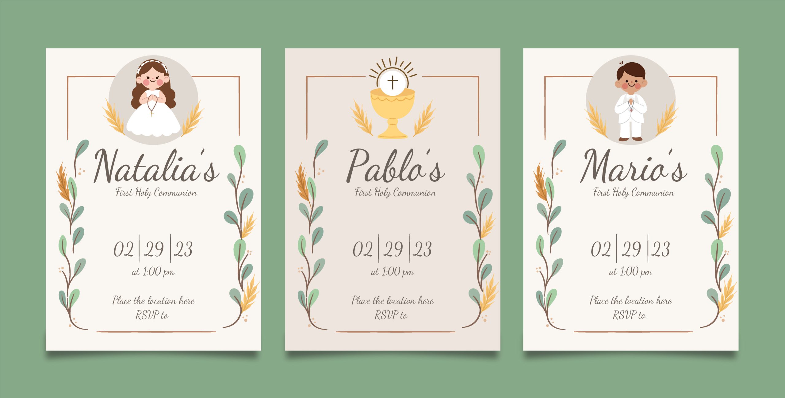 Zaproszenia na komunię dla chłopca i dziewczynki w pastelowych kolorach