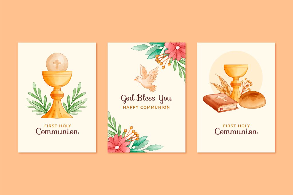 Eleganckie zaproszenia na komunię z motywem kielicha i hostii