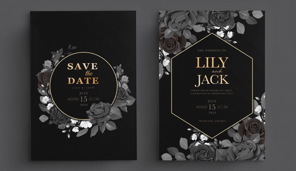 Luksusowe czarne zaproszenia ślubne z złotymi akcentami i kwiatową ramą – projekty Save the Date oraz zaproszenia Lily i Jack