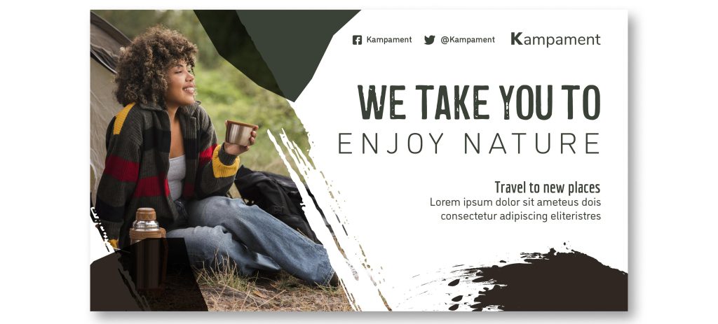 Outdoorowa grafika promocyjna pokazująca osobę odpoczywającą przy namiocie, używana jako przykład, gdzie wymagane jest pozwolenie na reklamę w terenie.