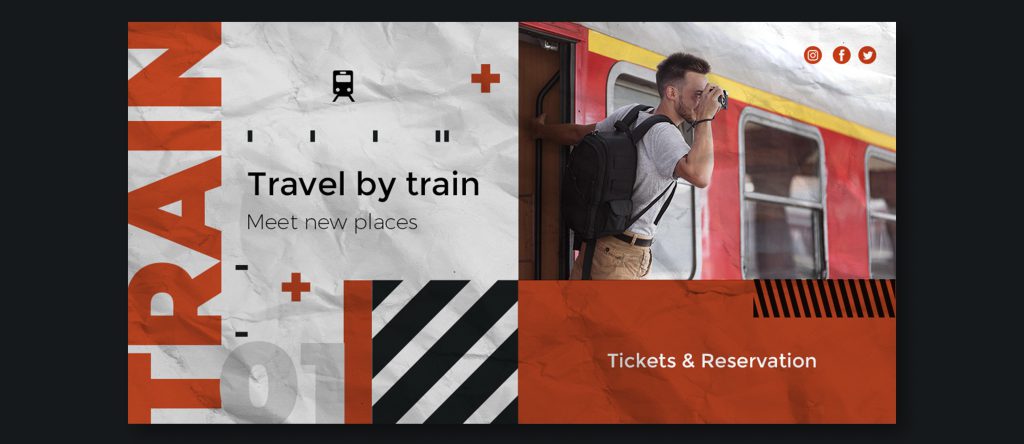 Banery reklamowe Warszawa przedstawiające motyw podróży oraz mężczyznę fotografującego przy wejściu do pociągu