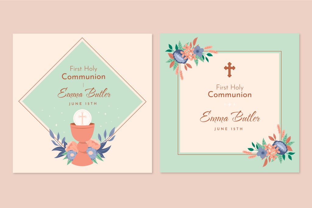Pastelowe zaproszenia na komunię z motywami kwiatowymi, hostią i krzyżem w eleganckim stylu.