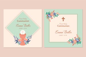Pastelowe zaproszenia na komunię z motywami kwiatowymi, hostią i krzyżem w eleganckim stylu.