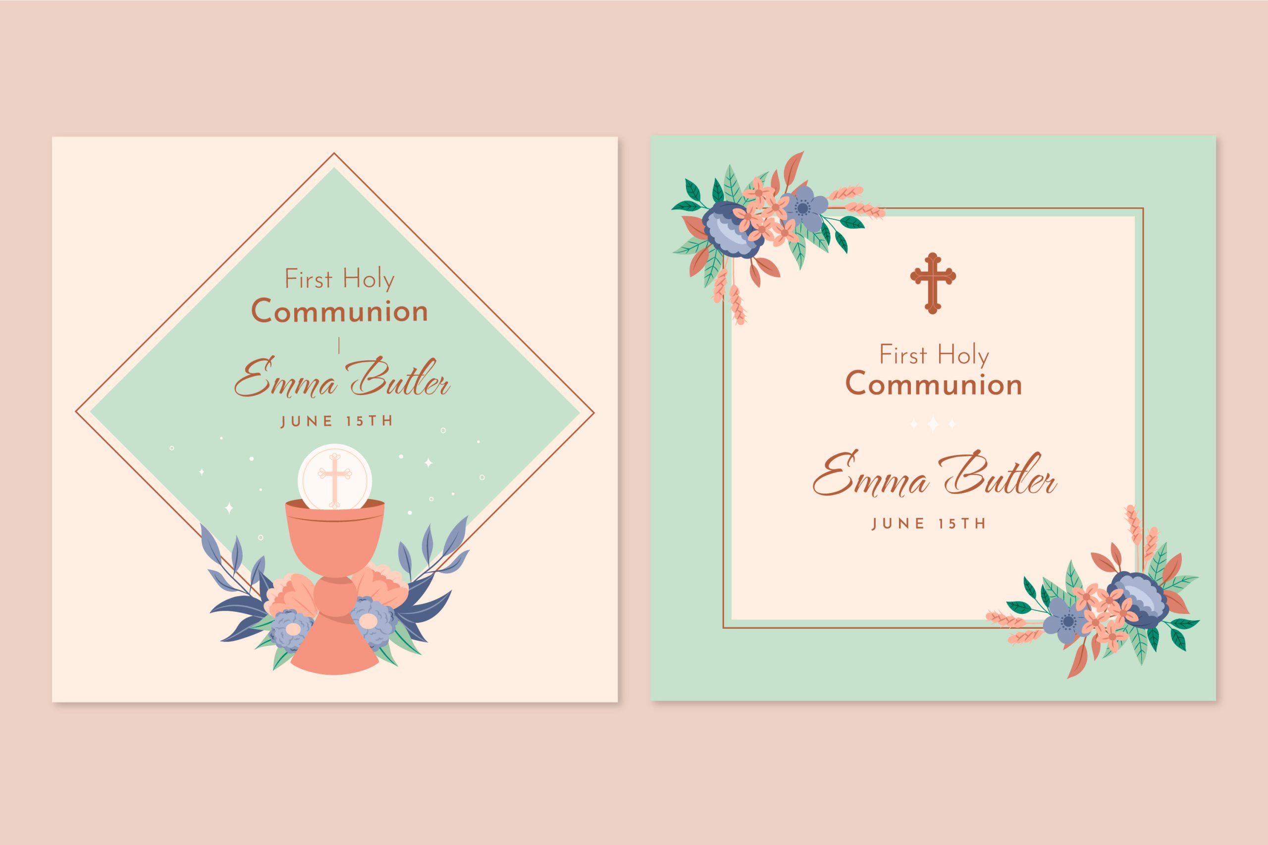 Pastelowe zaproszenia na komunię z motywami kwiatowymi, hostią i krzyżem w eleganckim stylu.