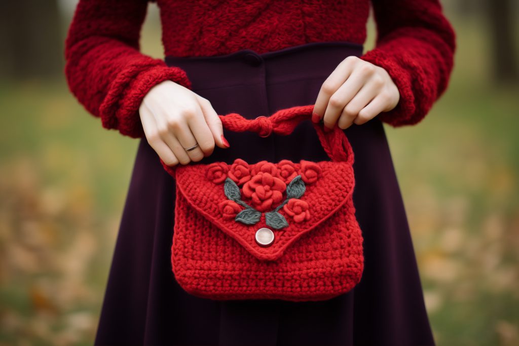 Kobieta w czerwonym swetrze trzymającą torebkę góralską z ręcznie robionymi kwiatami, w stylu folkowym