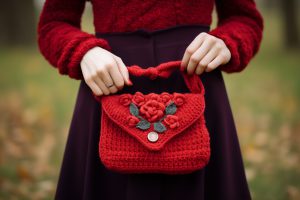 Kobieta w czerwonym swetrze trzymającą torebkę góralską z ręcznie robionymi kwiatami, w stylu folkowym