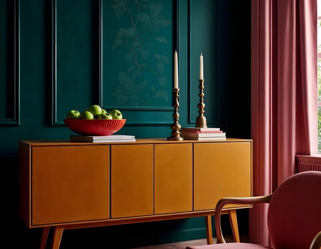 Elegancka komoda w ciepłym odcieniu z dekoracjami w klasycznym wnętrzu, harmonijnie współgrająca z meble stylowe.