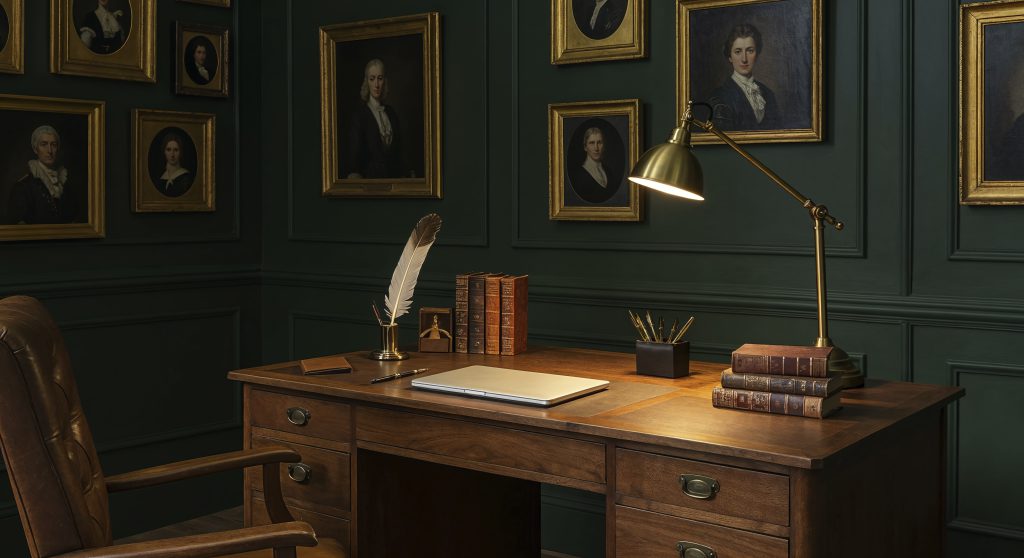 Biurka retro w eleganckim gabinecie z drewnianym blatem i klasycznymi dodatkami