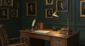 Biurka retro w eleganckim gabinecie z drewnianym blatem i klasycznymi dodatkami