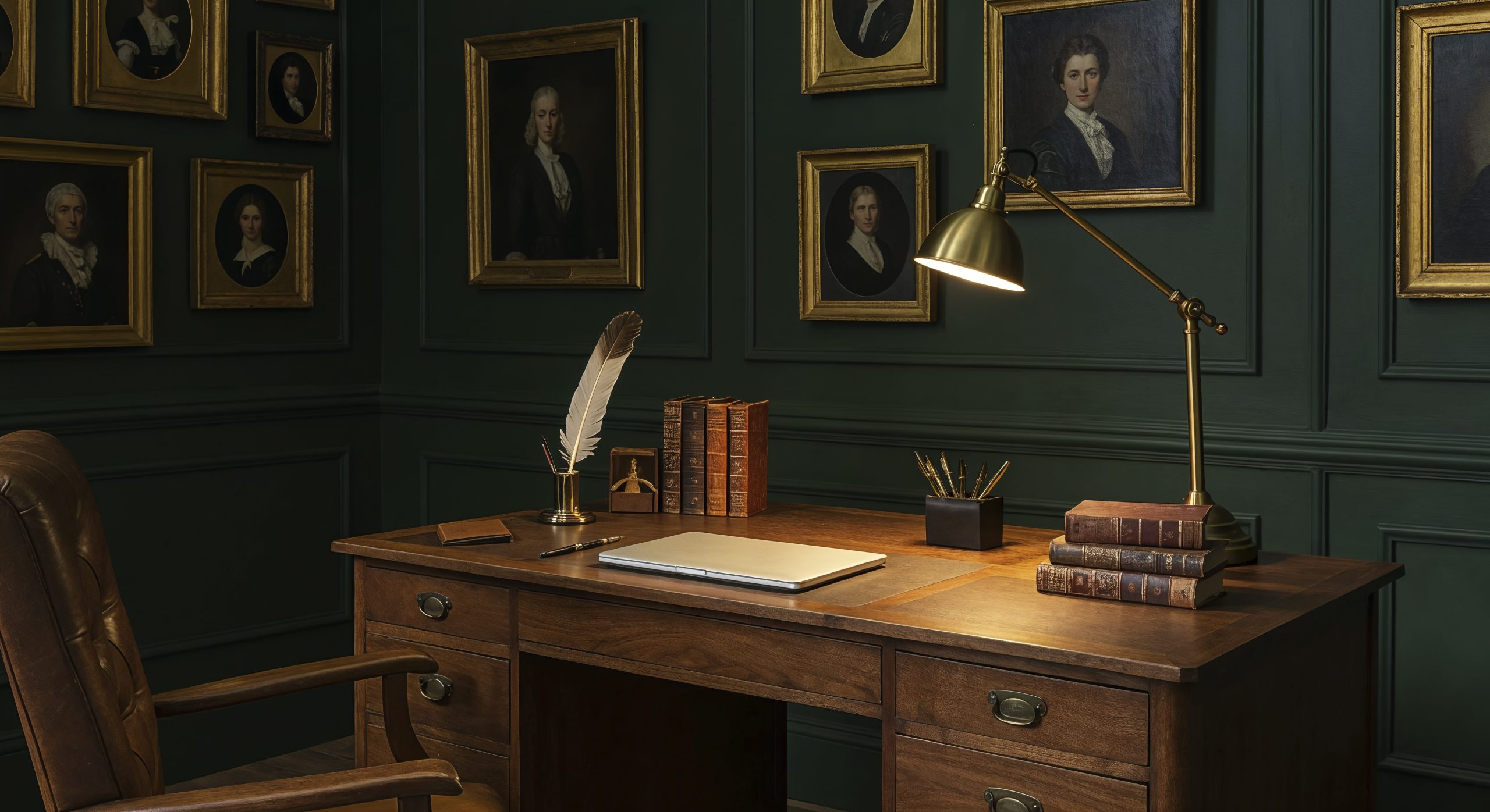 Biurka retro w eleganckim gabinecie z drewnianym blatem i klasycznymi dodatkami