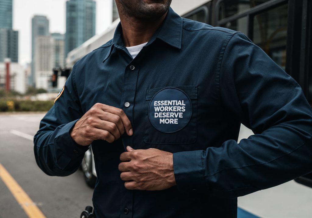 Pracownik w niebieskiej odzieży roboczej z logo prezentujący naszywkę na koszuli.