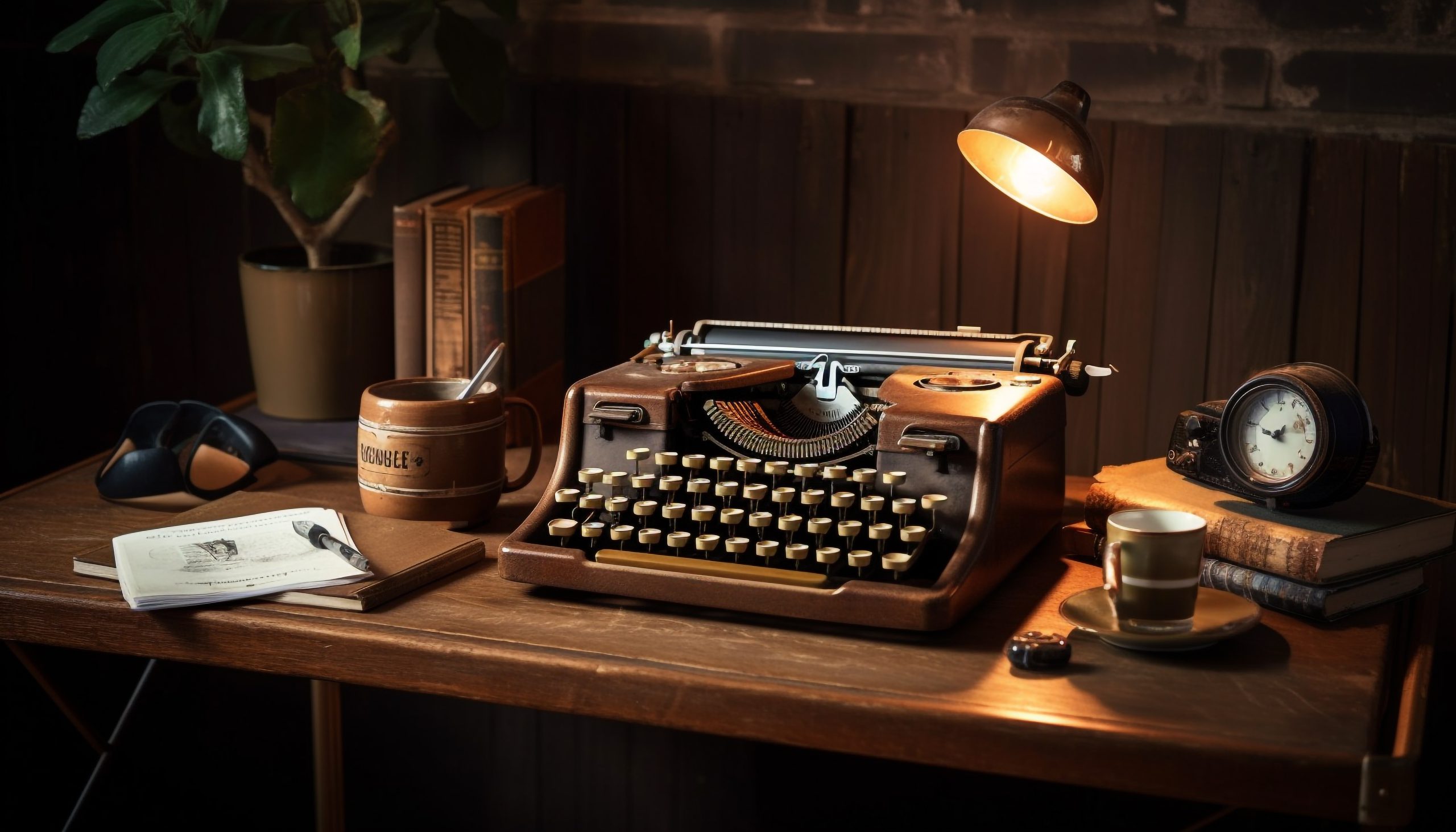 Zabytkowa maszyna do pisania stojąca na biurku vintage w nastrojowym gabinecie